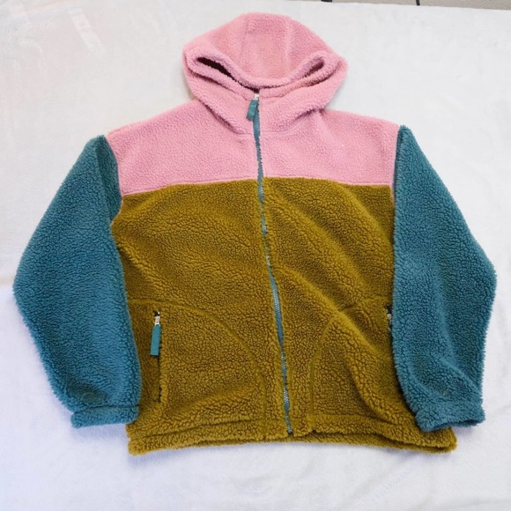 Eddie Bauer Womens Jacket Pullover M Pink Deep Pile Color Block Fleece Full Zip